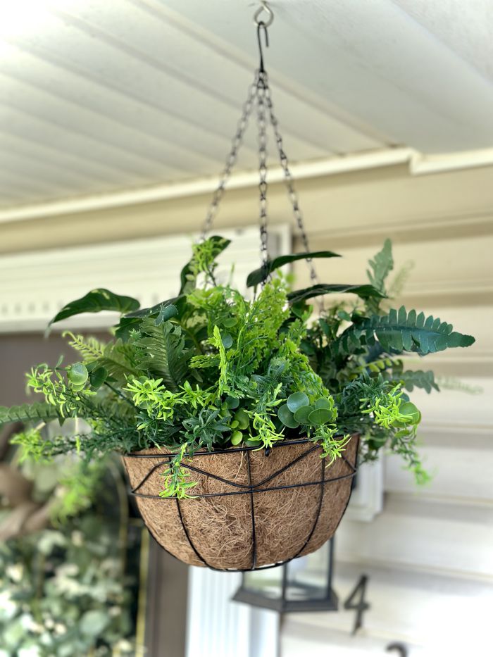 hanging basket of faux greenery from Dollar Tree