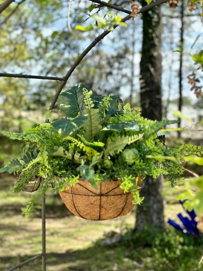 hanging basket of faux greenery from Dollar Tree